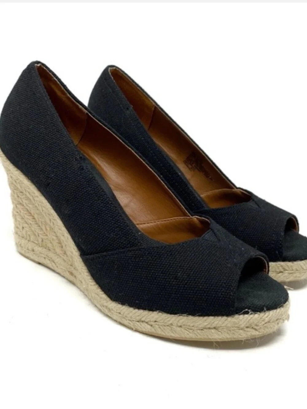 Sonoma Life & Style Black Canvas Peep-Toe Jute Espadrille Wedges Size 8.5 M